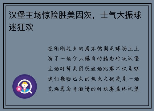 汉堡主场惊险胜美因茨，士气大振球迷狂欢