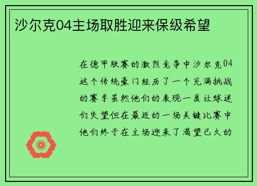 沙尔克04主场取胜迎来保级希望